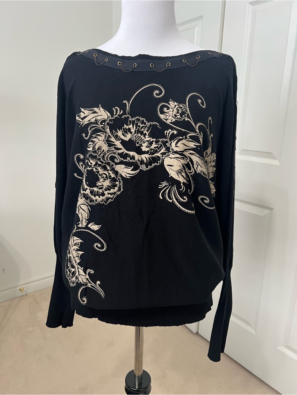 Linea Domani Black Floral Boat Neck Sweater with Cream Print and chain detail